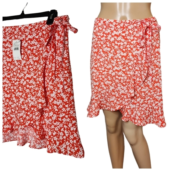 NWT J. Crew coral floral skirt.  Faux wrap.  Stretch waist. Ruffle Hem. … - Picture 1 of 16